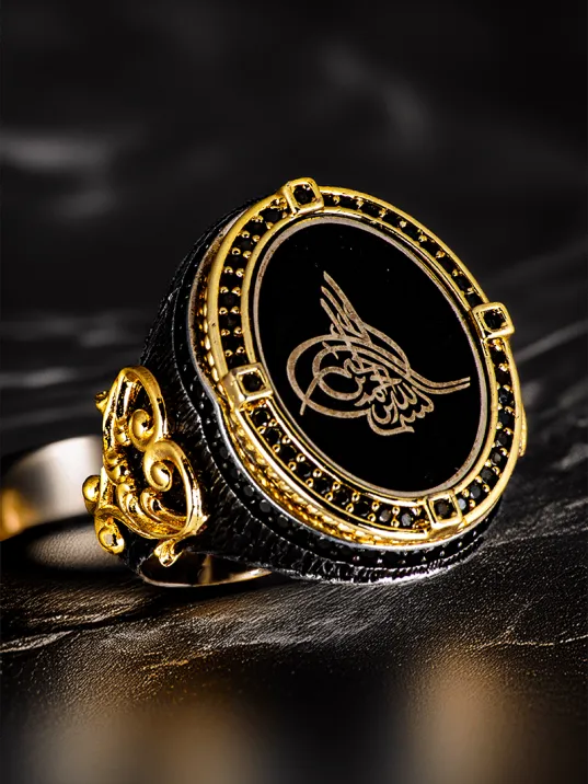 Erkek Altın Kaplama Osmanlı Tuğra İşlemeli Yanı Kalp Model 925 Ayar Gümüş Yüzük