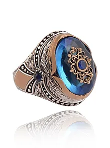 Anadolu Desenli Blue Topaz Aqua Marin Taşlı Yanı İşlemeli Erkek Gümüş Yüzük