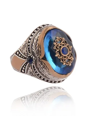 Anadolu Desenli Blue Topaz Aqua Marin Taşlı Yanı İşlemeli Erkek Gümüş Yüzük Anadolu Desenli Blue Topaz Aqua Marin Taşlı Yanı İşlemeli Erkek Gümüş Yüzük