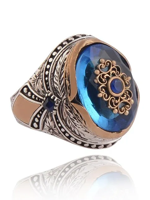 Anadolu Desenli Blue Topaz Aqua Marin Taşlı Yanı İşlemeli Erkek Gümüş Yüzük