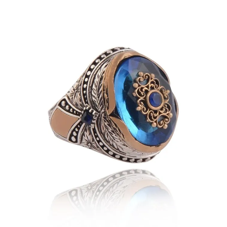 Anadolu Desenli Blue Topaz Aqua Marin Taşlı Yanı İşlemeli Erkek Gümüş Yüzük Anadolu Desenli Blue Topaz Aqua Marin Taşlı Yanı İşlemeli Erkek Gümüş Yüzük