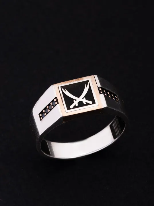 Erkek Gümüş Yüzük - Çift Zülfikarlı Siyah Taşlı İnce Kibar Erkek Yüzüğü