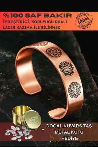 Erkek Bakır Bileklik - Yaşam Çiçeği - Lotus - Sri Yantra - Om Sembolü - Erkek Bakır Kelepçe Bileklik