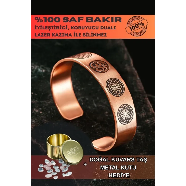 Erkek Bakır Bileklik - Yaşam Çiçeği - Lotus - Sri Yantra - Om Sembolü - Erkek Bakır Kelepçe Bileklik