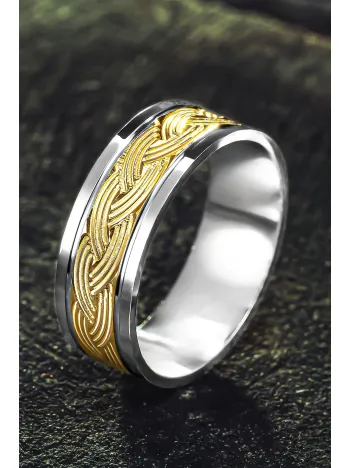 Erkek Gümüş Alyans – Altın Kaplama Örgü Desenli Şık ve Zarif Tasarım Erkek Yüzük