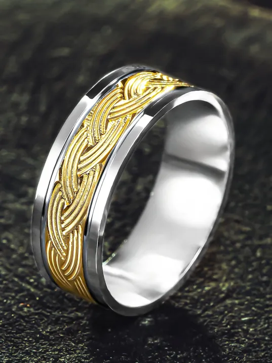 Erkek Gümüş Alyans – Altın Kaplama Örgü Desenli Şık ve Zarif Tasarım Erkek Yüzük