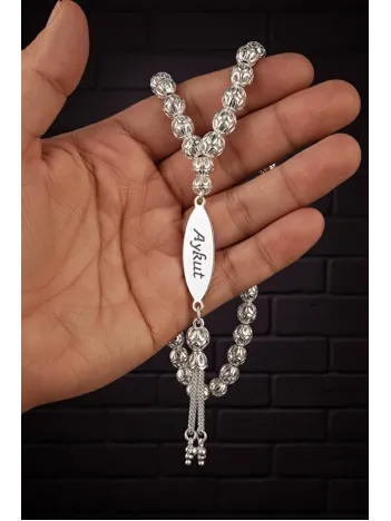 Erkek Gümüş Tespih - Çift Yön İsim Yazılabilir 925 Ayar Delikli Parlak Küre Kesim Tesbih Bilek Boy