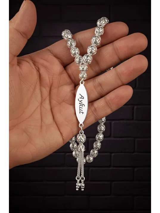 Erkek Gümüş Tespih - Çift Yön İsim Yazılabilir 925 Ayar Delikli Parlak Küre Kesim Tesbih Bilek Boy