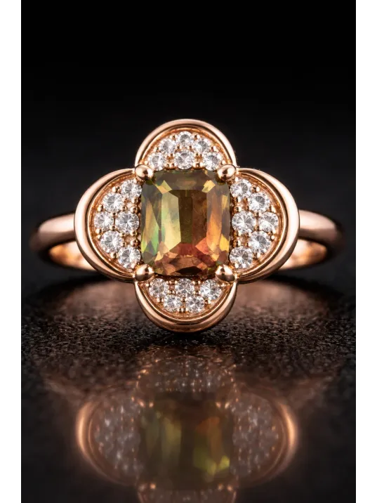 Kadın Gümüş Kolye Yüzük Küpe Set - Asalet Çiçeği Model Kare Zultanit Taşlı Rose Kaplama Set