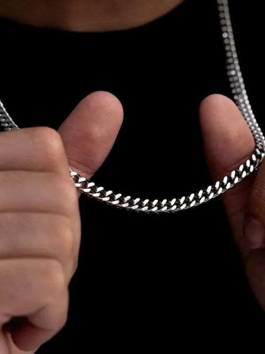 Erkek Kolye - Kare Kesim Model Erkek Çelik Kolye - Gümüş Renk - 5 Mm Kalınlık - Paslanmaz Çelik