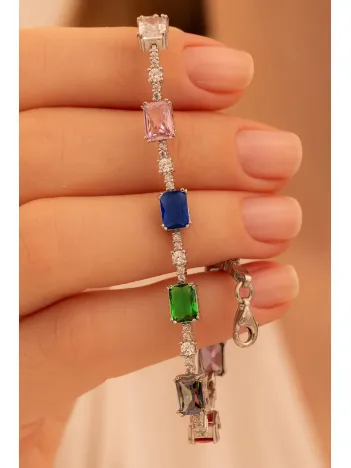 Kadın Gümüş Bileklik - Renkli Baget Taşlı Kare Model Zirkon Süslemeli Kadın Bileklik