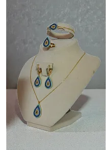 Kadın Gümüş Bileklik Yüzük Kolye Küpe Set - Damla Model Nazar Boncuk Detaylı Zirkon Taşlı Gümüş Set