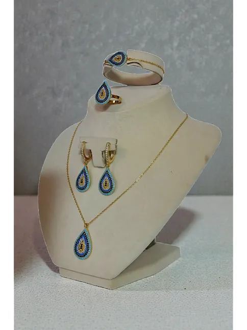Kadın Gümüş Bileklik Yüzük Kolye Küpe Set - Damla Model Nazar Boncuk Detaylı Zirkon Taşlı Gümüş Set