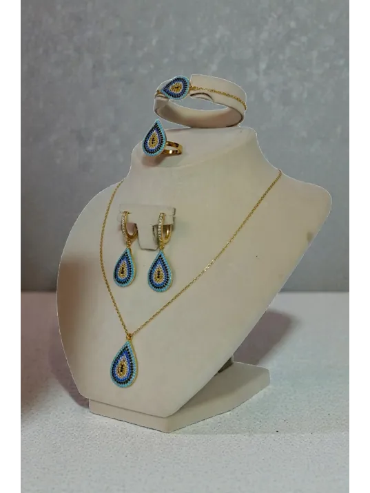 Kadın Gümüş Bileklik Yüzük Kolye Küpe Set - Damla Model Nazar Boncuk Detaylı Zirkon Taşlı Gümüş Set