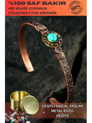 Kadın Bakır Bileklik - Doğal Turkuaz Firuze Taşlı 12 Burç İşlemeli Kadın Bakır Bilezik