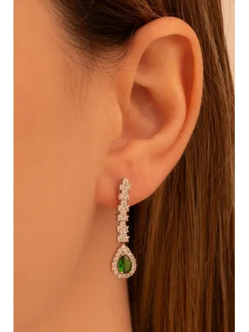 Kadın Gümüş Küpe - Peri Zümrüt Taşlı Damla Model Kadın Küpe