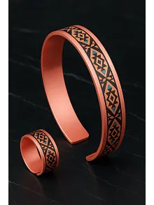 Kadın Bakır Bileklik Yüzük Set - Liva Model Özel Baskı Metal Kutu Ve Kuvars Taşı