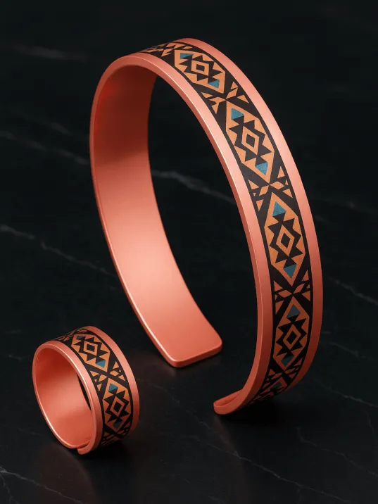 Kadın Bakır Bileklik Yüzük Set - Liva Model Özel Baskı Metal Kutu Ve Kuvars Taşı