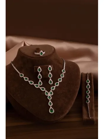 Kadın Gümüş Takı Seti - Sera Zümrüt Damla Taşlı 925 Ayar Kolye, Bileklik, Yüzük, Küpe Tam Set