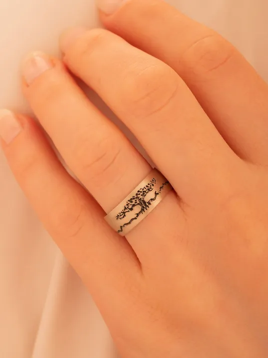 Hayat Ağacı Kadın Erkek Gümüş Tek Alyans Yüzük