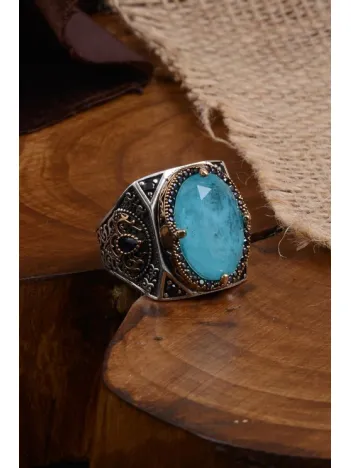 Firuze (Turkuaz) Taşlı Yanı İşlemeli Erkek Gümüş Yüzük