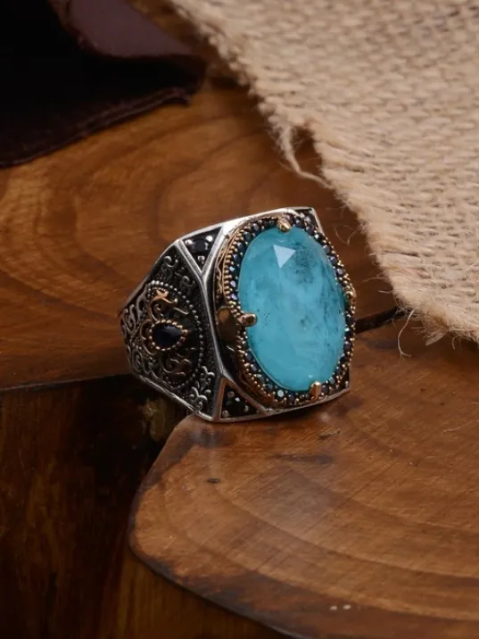 Firuze (Turkuaz) Taşlı Yanı İşlemeli Erkek Gümüş Yüzük