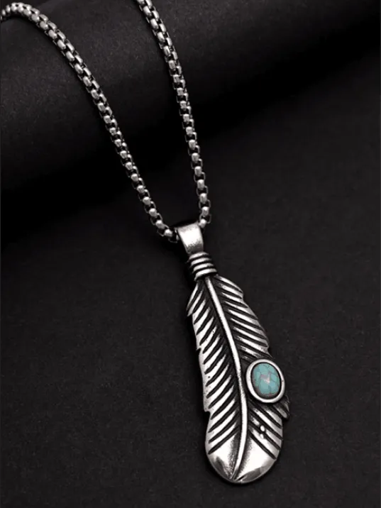 Erkek Kolye - Tüy Model Turkuaz Taşlı Erkek Çelik Kolye - 316 L Paslanmaz Çelik