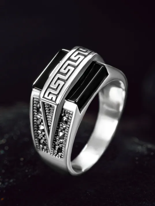 Erkek Gümüş Yüzük - Siyah Oniks Taşlı Grek Desenli Erkek Yüzük