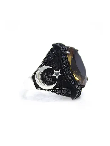 Erkek Gümüş Yüzük - Ay Yıldız Motifli Zultanit Taşlı 925 Ayar Gümüş Erkek Yüzük