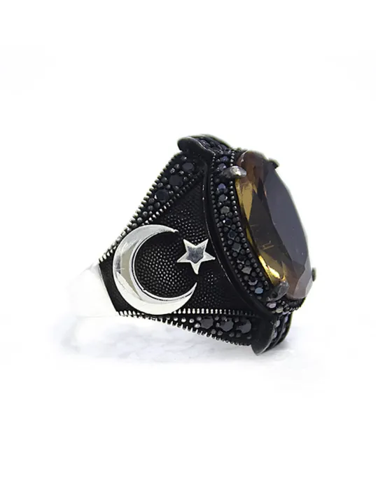 Erkek Gümüş Yüzük - Ay Yıldız Motifli Zultanit Taşlı 925 Ayar Gümüş Erkek Yüzük