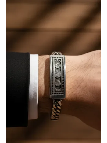 Erkek Gümüş Bileklik - Süleyman Mührü İşlemeli Künye 925 Ayar Erkek Gümüş Bileklik