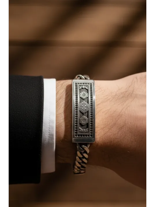 Erkek Gümüş Bileklik - Süleyman Mührü İşlemeli Künye 925 Ayar Erkek Gümüş Bileklik