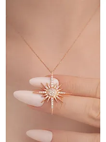 Zirkon Taşlı Rose Renk Kutup Yıldızı Model 2 Bayan Gümüş Kolye GKLKTPYLDZ4-ROS