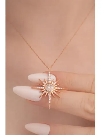 Zirkon Taşlı Rose Renk Kutup Yıldızı Model 2 Bayan Gümüş Kolye GKLKTPYLDZ4-ROS