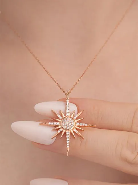 Zirkon Taşlı Rose Renk Kutup Yıldızı Model 2 Bayan Gümüş Kolye GKLKTPYLDZ4-ROS