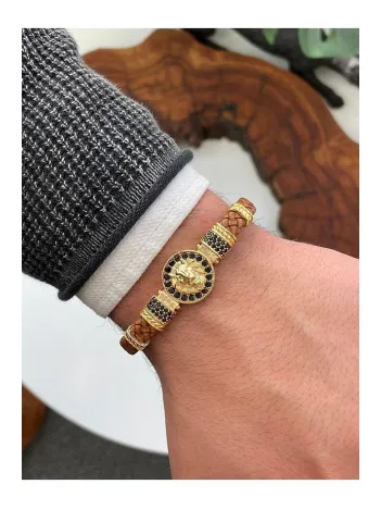 Erkek Bileklik - Deri Erkek Bileklik - Altın Kaplama Erkek Bileklik - Aslanbaşlı Model