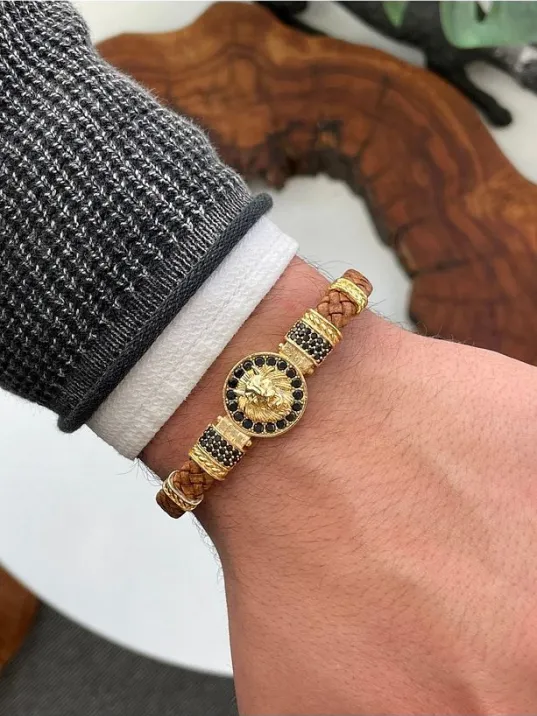 Erkek Bileklik - Deri Erkek Bileklik - Altın Kaplama Erkek Bileklik - Aslanbaşlı Model