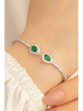 Melodi Zümrüt Taşlı Su Yolu Bayan Gümüş Bileklik