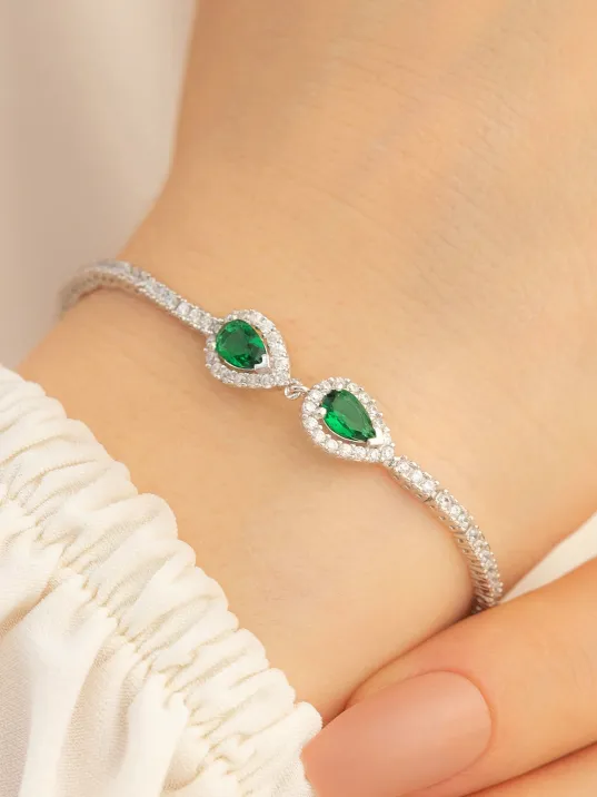 Melodi Zümrüt Taşlı Su Yolu Bayan Gümüş Bileklik