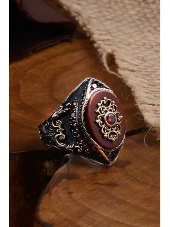 Anadolu Desenli Akik Taşlı Yanı İşlemeli Erkek Gümüş Yüzük