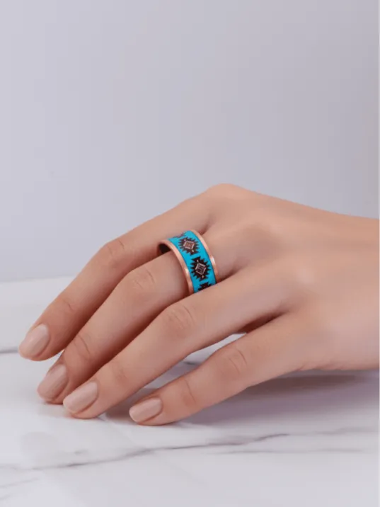 Kadın Bakır Bileklik Yüzük Set - Charmaleon Model Özel Baskı Metal Kutu Ve Doğal Taşlar