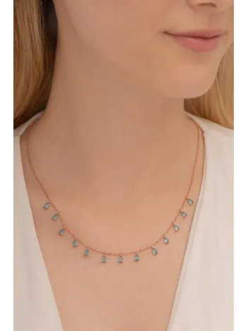 Kadın Gümüş Kolye - Aquamarin Damla Model Taşlı Rose Kadın Gümüş Kolye Gkltsklym4d-ros