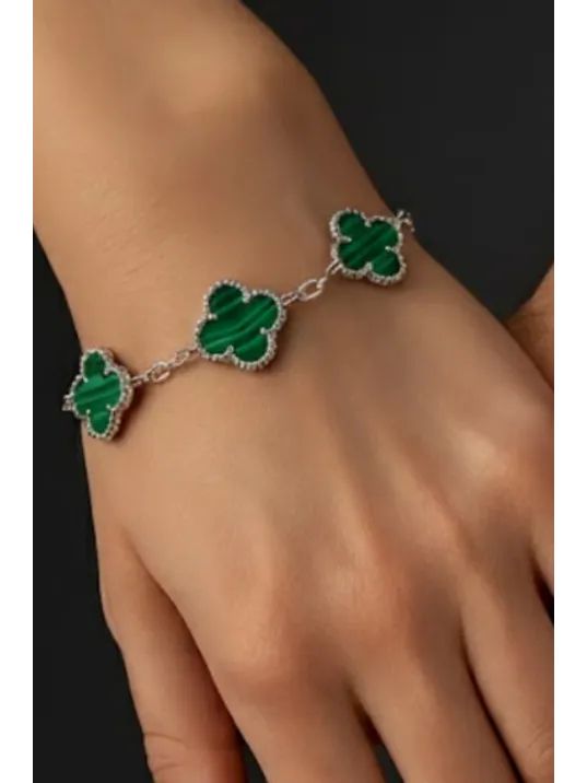 Kadın 925 Ayar Gümüş Yeşil Malakit Taşlı Yonca Model Zincir Bileklik