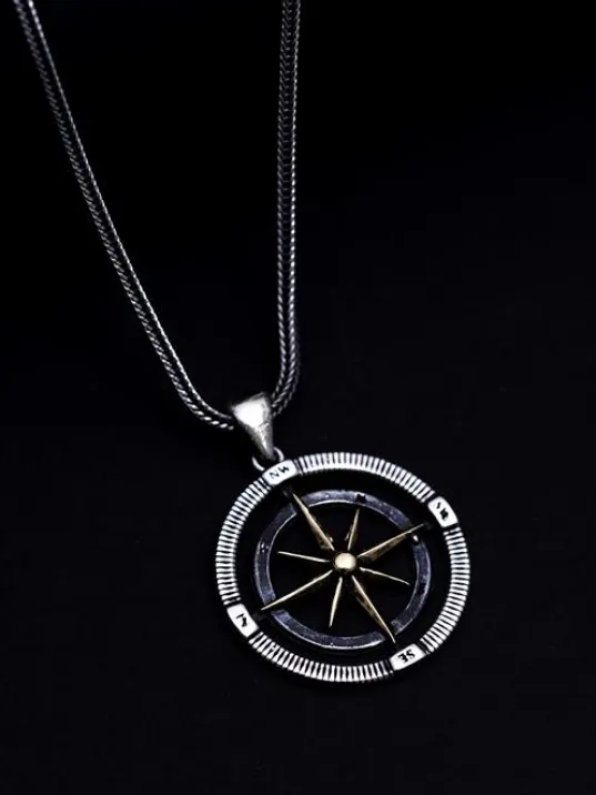 Pusula Motif Erkek 925 Ayar Gümüş Kolye Zincir Gklpusula01-byz