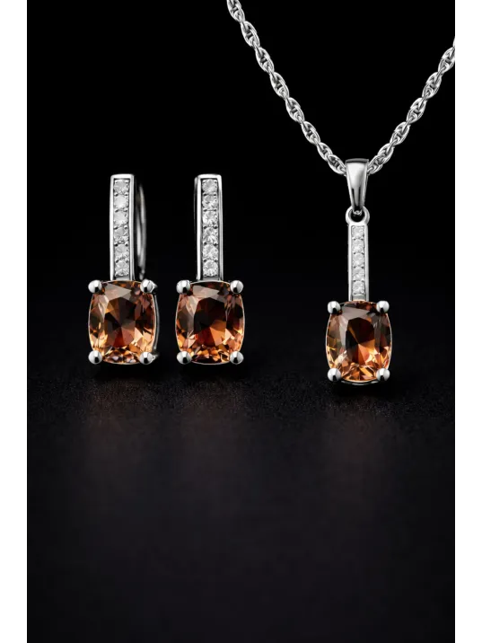 Kadın Gümüş Kolye Küpe Set - Baget Zultanit Taşlı Tektaş Model Set