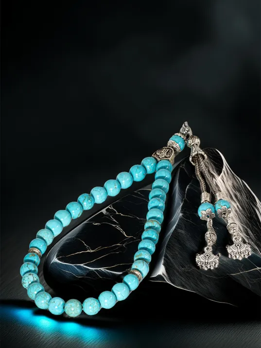 Erkek Doğal Taş Tespih - Doğal Turkuaz Taşlı Ortaboy Tesbih