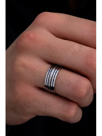Erkek Gümüş Yüzük - 925 Ayar Karartmalı Şerit Desenli Gümüş Alyans Yüzük