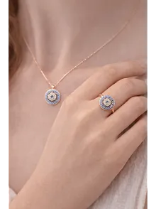 Kadın Kolye Yüzük Set - Rose Kaplama Nazar Boncuğu Motifli Kadın Set