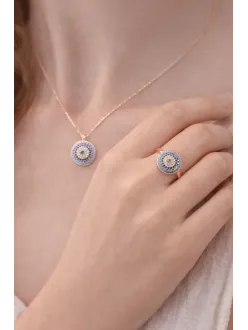 Kadın Kolye Yüzük Set - Rose Kaplama Nazar Boncuğu Motifli Kadın Set