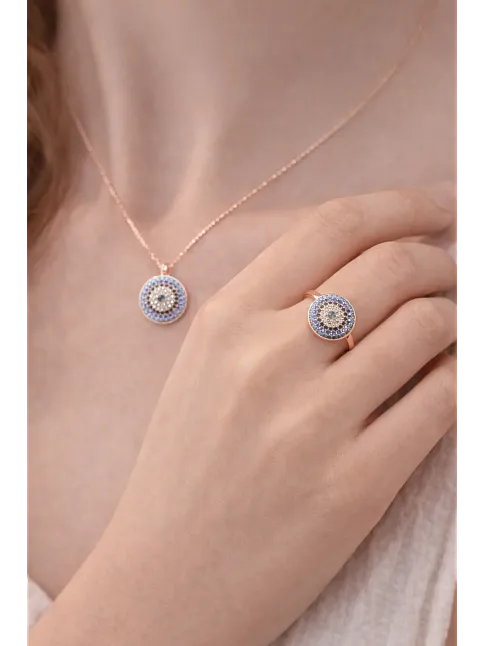 Kadın Kolye Yüzük Set - Rose Kaplama Nazar Boncuğu Motifli Kadın Set
